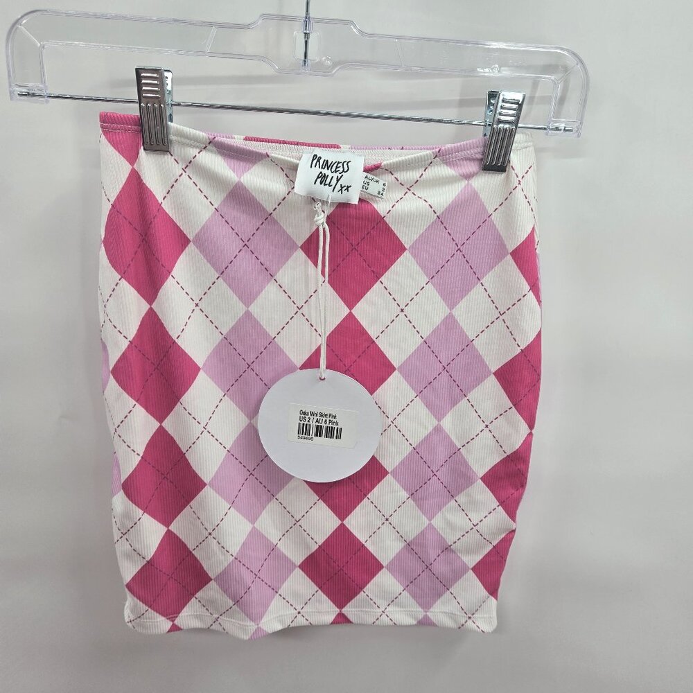 Princess Polly White Pink Argyle Diamond Plaid Mini Skirt Size 2